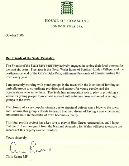 A copy of the original letter of support from Chris Ruane MP to the Friends of the Scala.