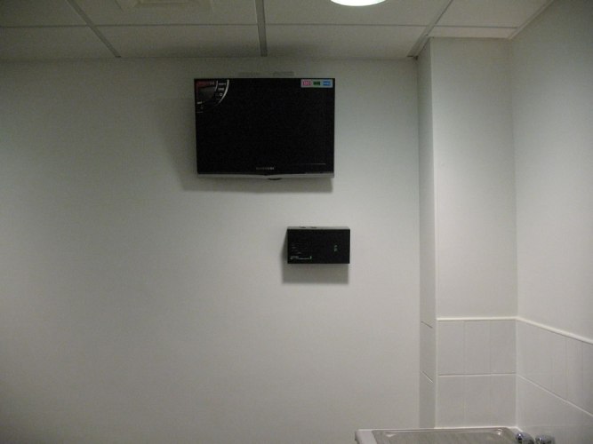 The green room includes a special monitor which displays a CCTV cam...